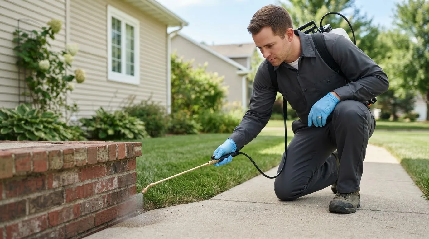 Pest control technician treating a home near Thicket, TX